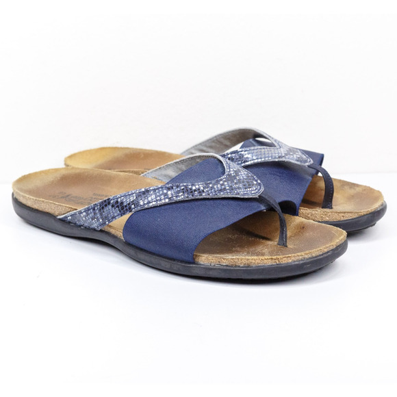 NAOT Penelope Python Stretch Slide Thong Sandals Cork Navy Blue Sz 37 US 6-6.5 - Picture 1 of 8
